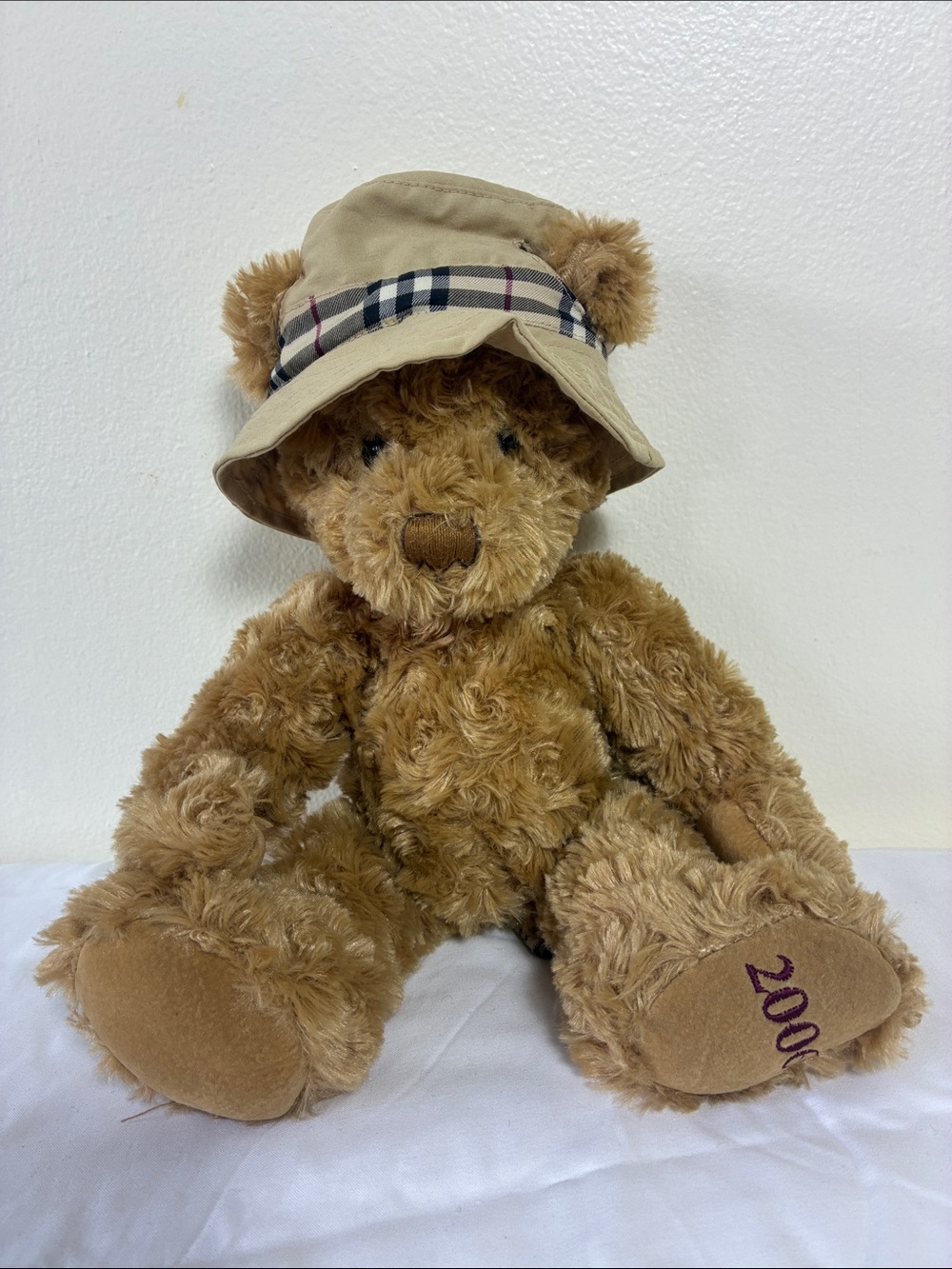 Plush Brown Teddy Bear with Beige Plaid Hat - Kids Toy